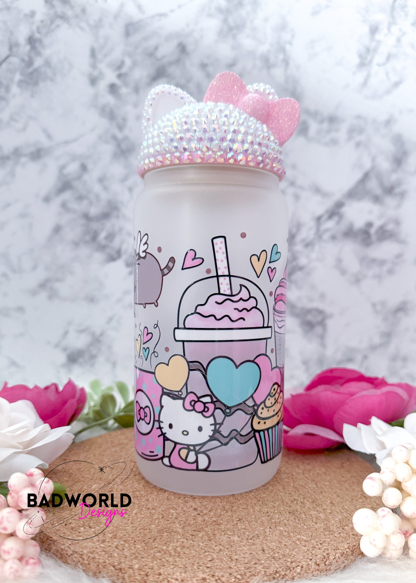 Kitty Latte Love Glass Can with Full Bling Lid