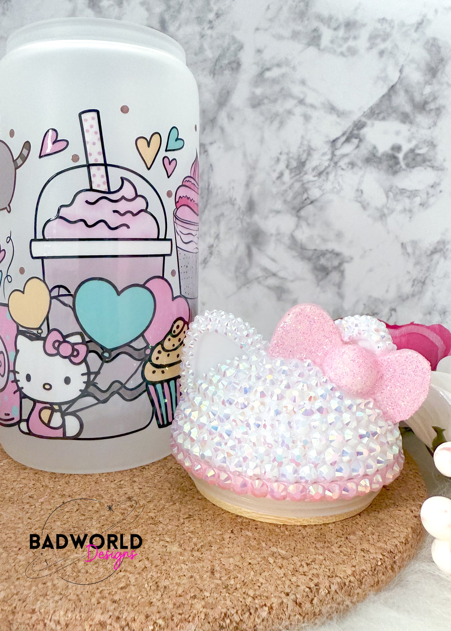 Kitty Latte Love Glass Can with Full Bling Lid