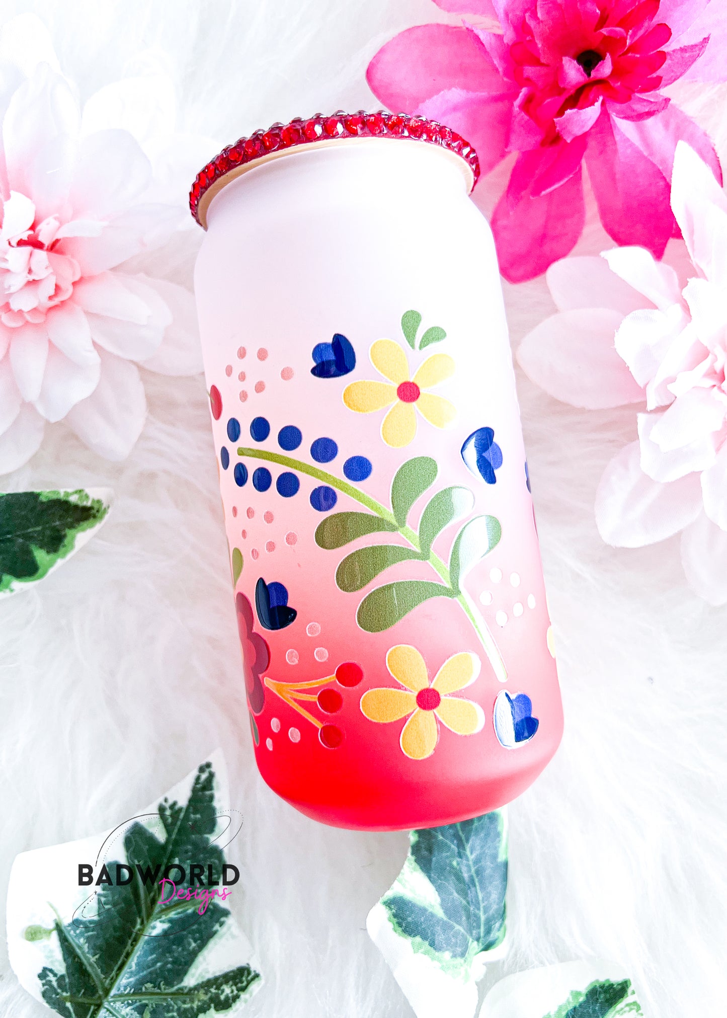 Summer Floral Frosted Glass Cup